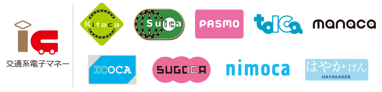 交通系電子マネー（Kitaca・Suica・PASMO・TOICA・manaca・ICOCA・SUGOCA・nimoca・はやかけん）